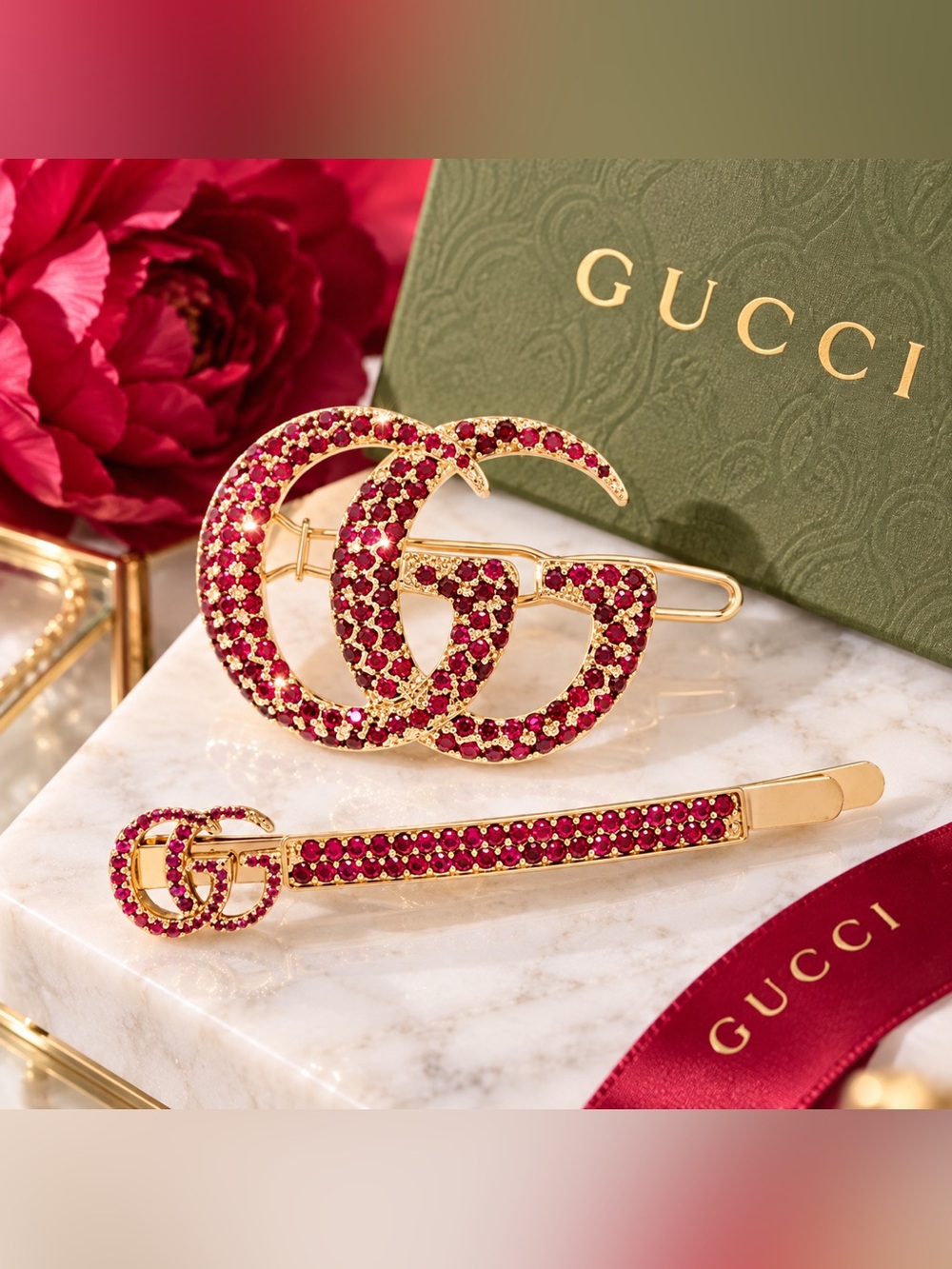 Gucci Gold-Tone Hair Clip Set with Pink Crystals